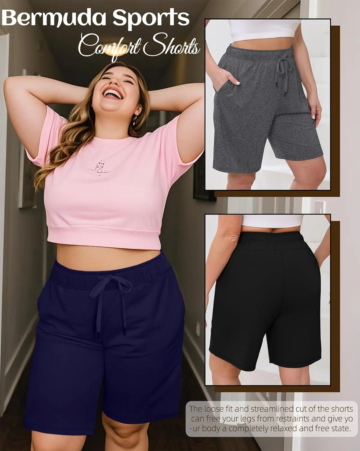 3 Pack Plus Size Bermuda Shorts for Women Comfy Loose Casual Drawstring Sweat Pants with Pockets XL-5XL