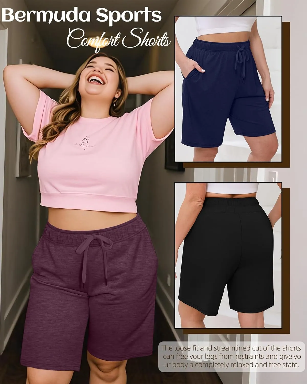 3 Pack Plus Size Bermuda Shorts for Women Comfy Loose Casual Drawstring Sweat Pants with Pockets XL-5XL