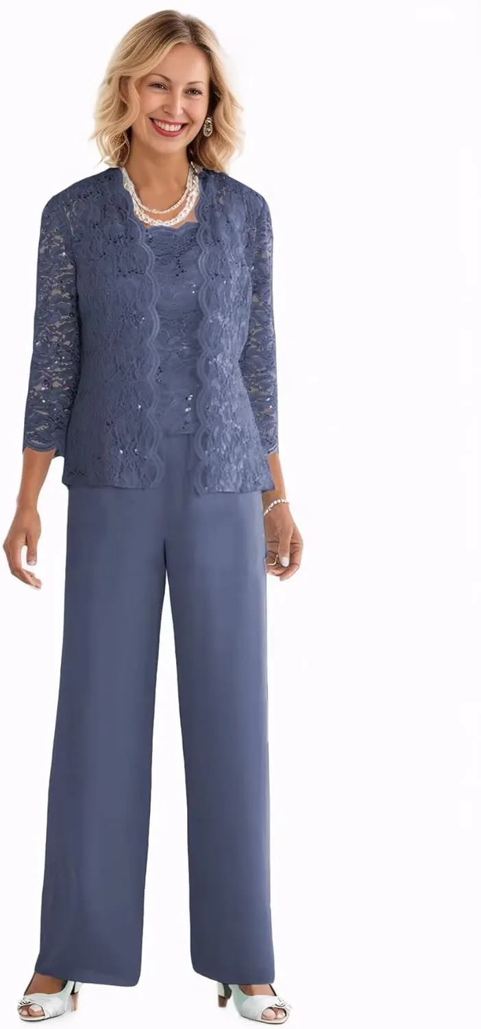 3 Pieces Mother of The Bride Pant Suits with Jacket Sequin Lace Chiffon Formal Evening Party Outfit Dressy Pantsuits