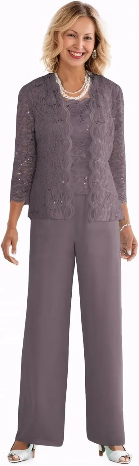 3 Pieces Mother of The Bride Pant Suits with Jacket Sequin Lace Chiffon Formal Evening Party Outfit Dressy Pantsuits