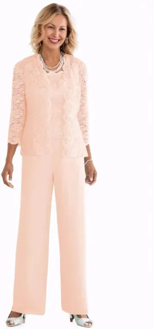 3 Pieces Mother of The Bride Pant Suits with Jacket Sequin Lace Chiffon Formal Evening Party Outfit Dressy Pantsuits