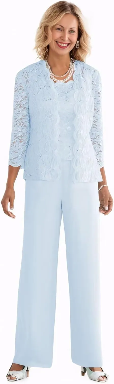3 Pieces Mother of The Bride Pant Suits with Jacket Sequin Lace Chiffon Formal Evening Party Outfit Dressy Pantsuits