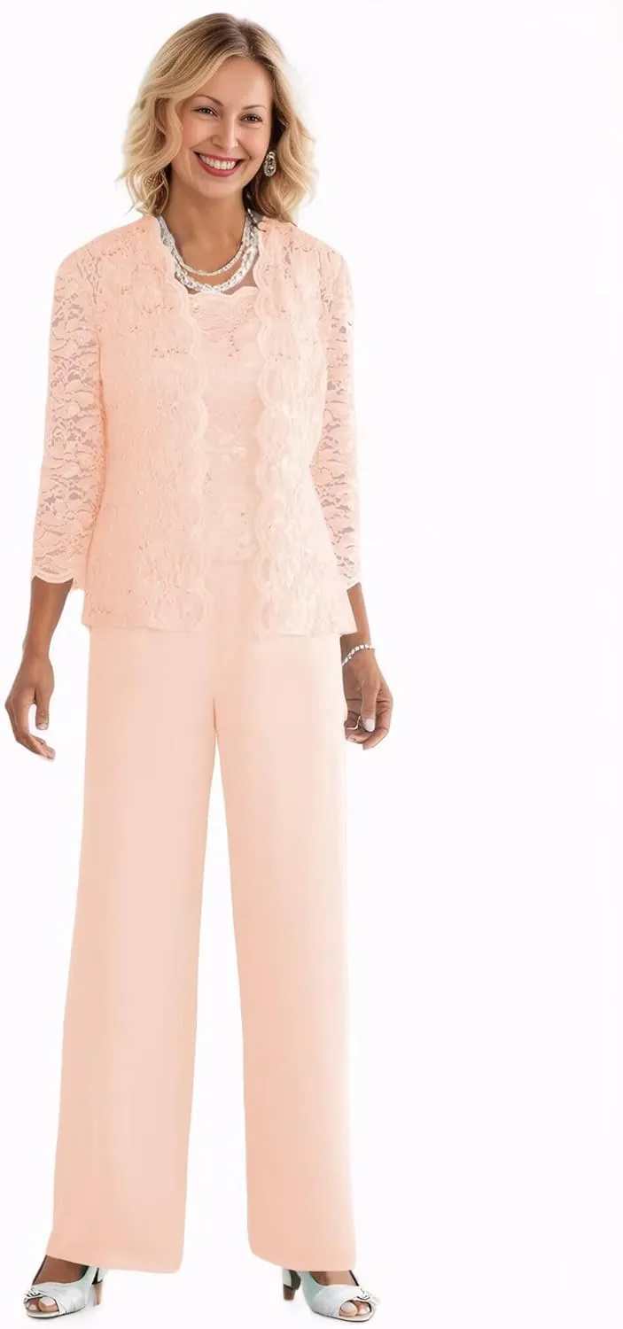 3 Pieces Mother of The Bride Pant Suits with Jacket Sequin Lace Chiffon Formal Evening Party Outfit Dressy Pantsuits