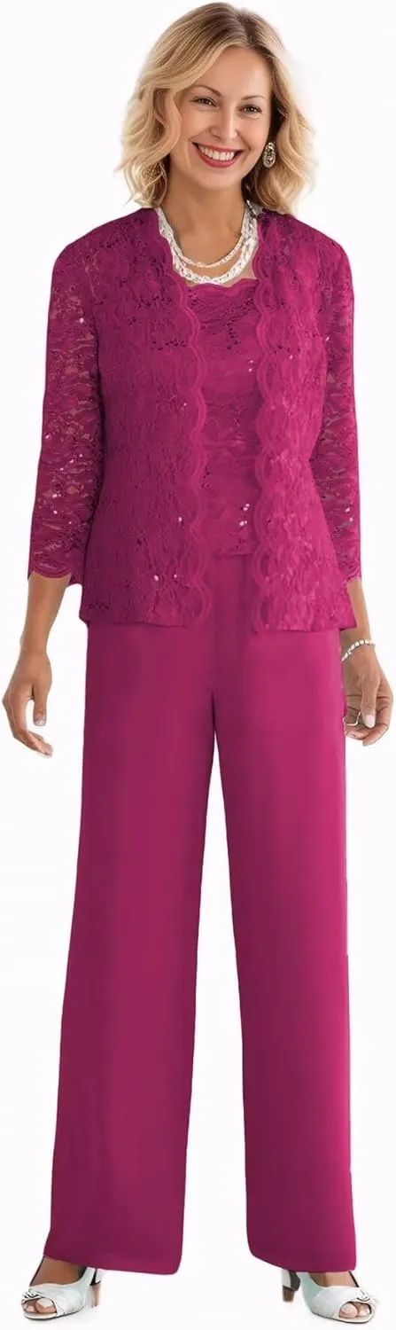 3 Pieces Mother of The Bride Pant Suits with Jacket Sequin Lace Chiffon Formal Evening Party Outfit Dressy Pantsuits
