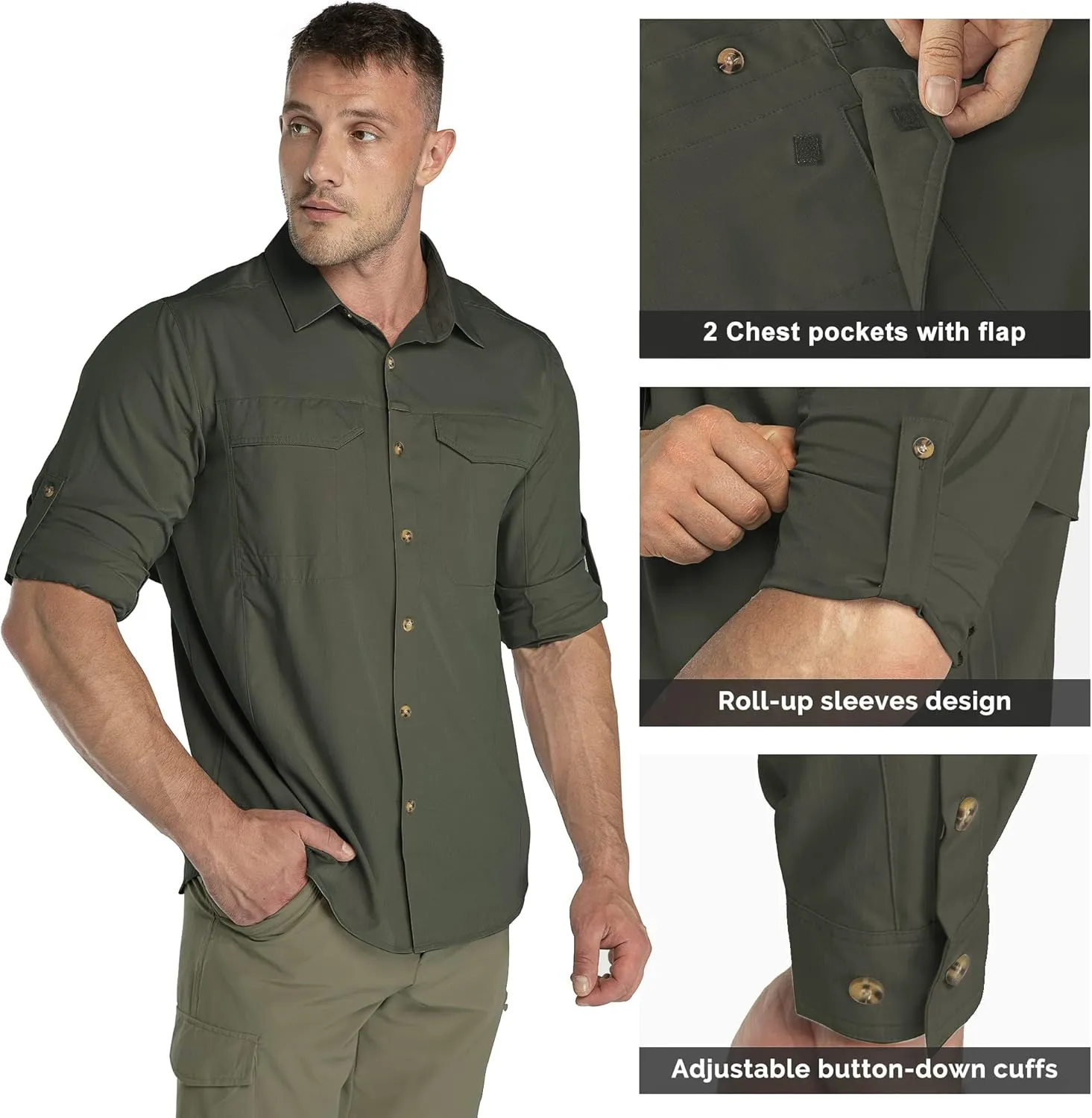 33,000ft Men's Long Sleeve Hiking Shirts Lightweight Quick Dry Sun Protection UV UPF 50 Fishing Shirt Outdoor Safari Travel