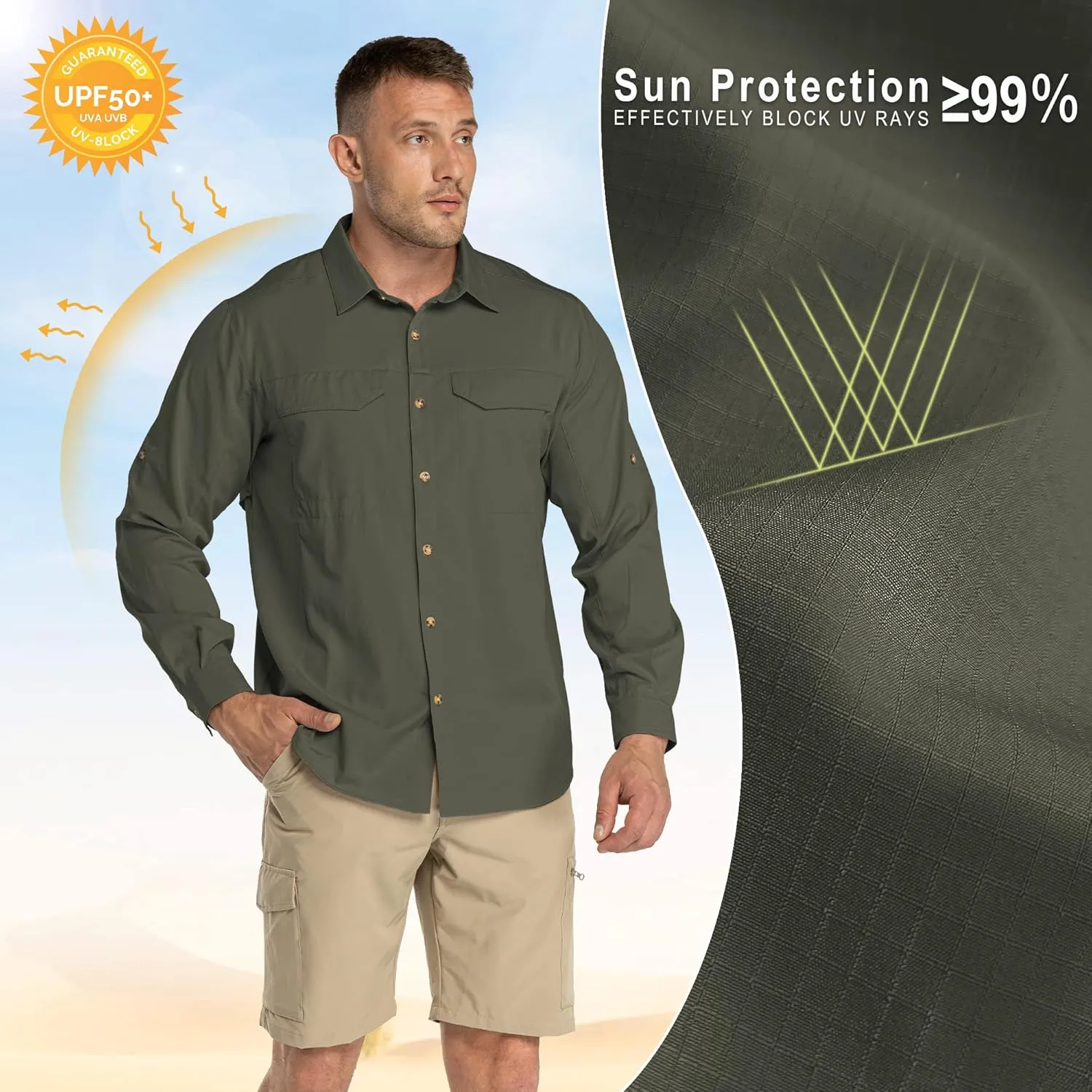 33,000ft Men's Long Sleeve Hiking Shirts Lightweight Quick Dry Sun Protection UV UPF 50 Fishing Shirt Outdoor Safari Travel