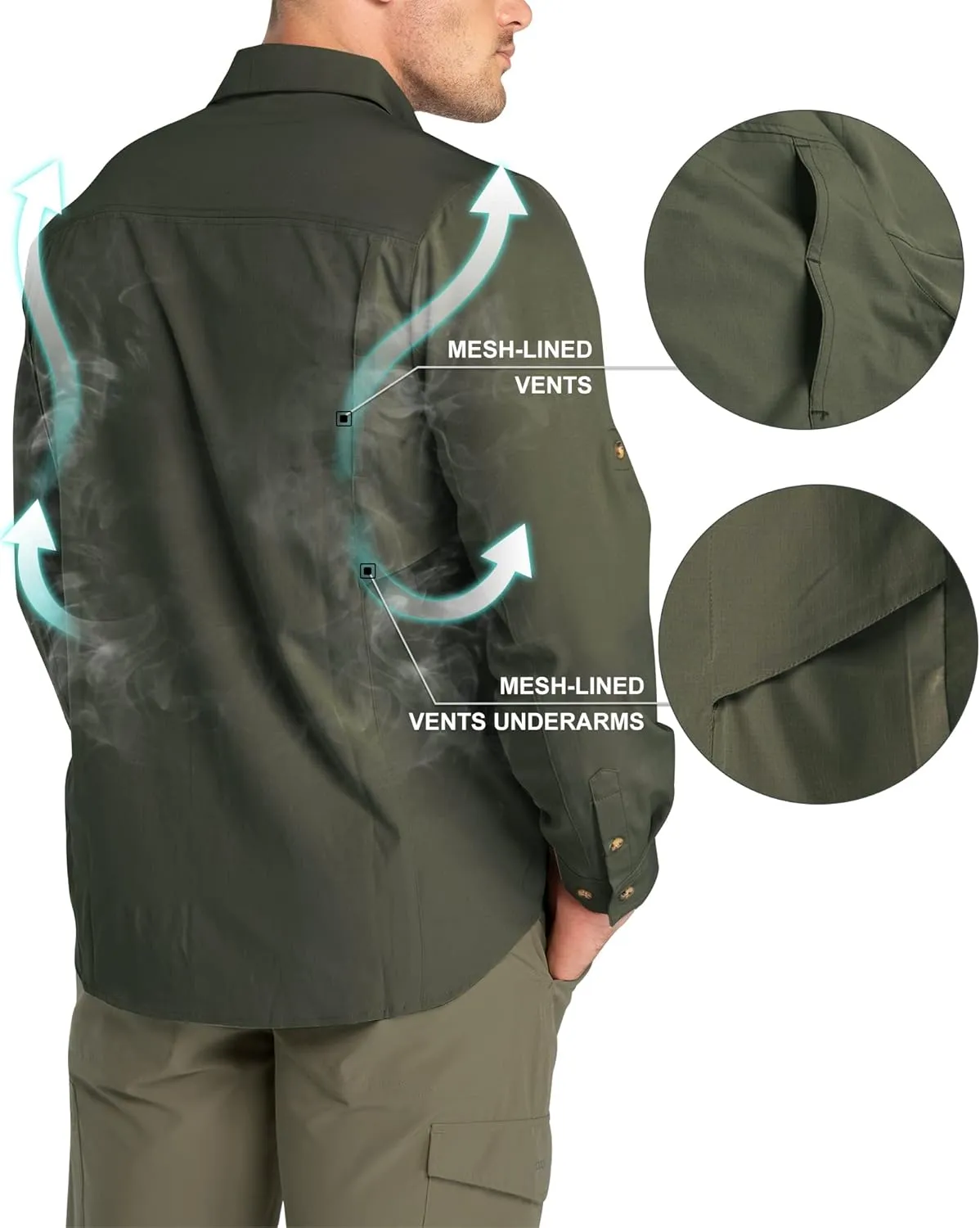 33,000ft Men's Long Sleeve Hiking Shirts Lightweight Quick Dry Sun Protection UV UPF 50 Fishing Shirt Outdoor Safari Travel