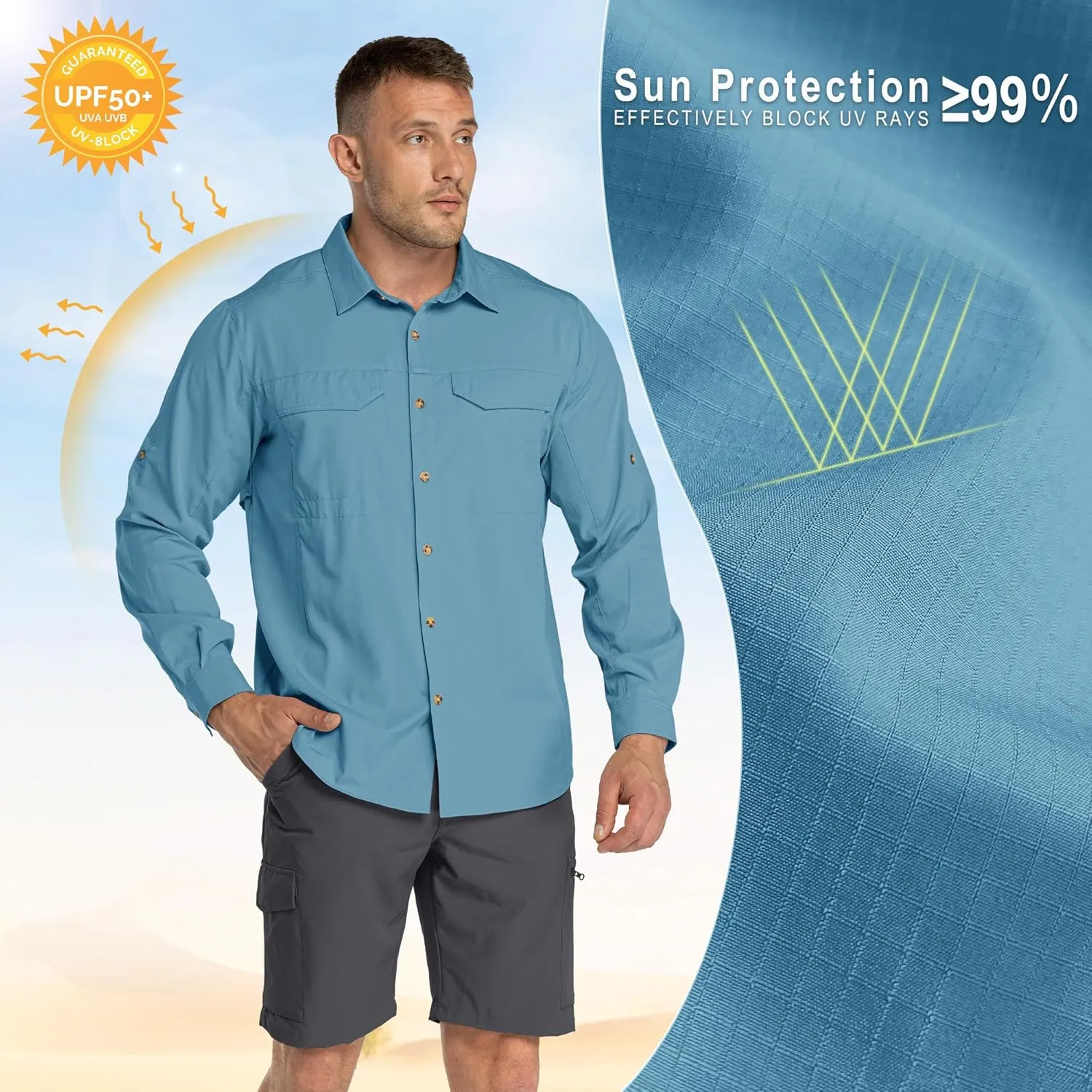 33,000ft Men's Long Sleeve Hiking Shirts Lightweight Quick Dry Sun Protection UV UPF 50 Fishing Shirt Outdoor Safari Travel