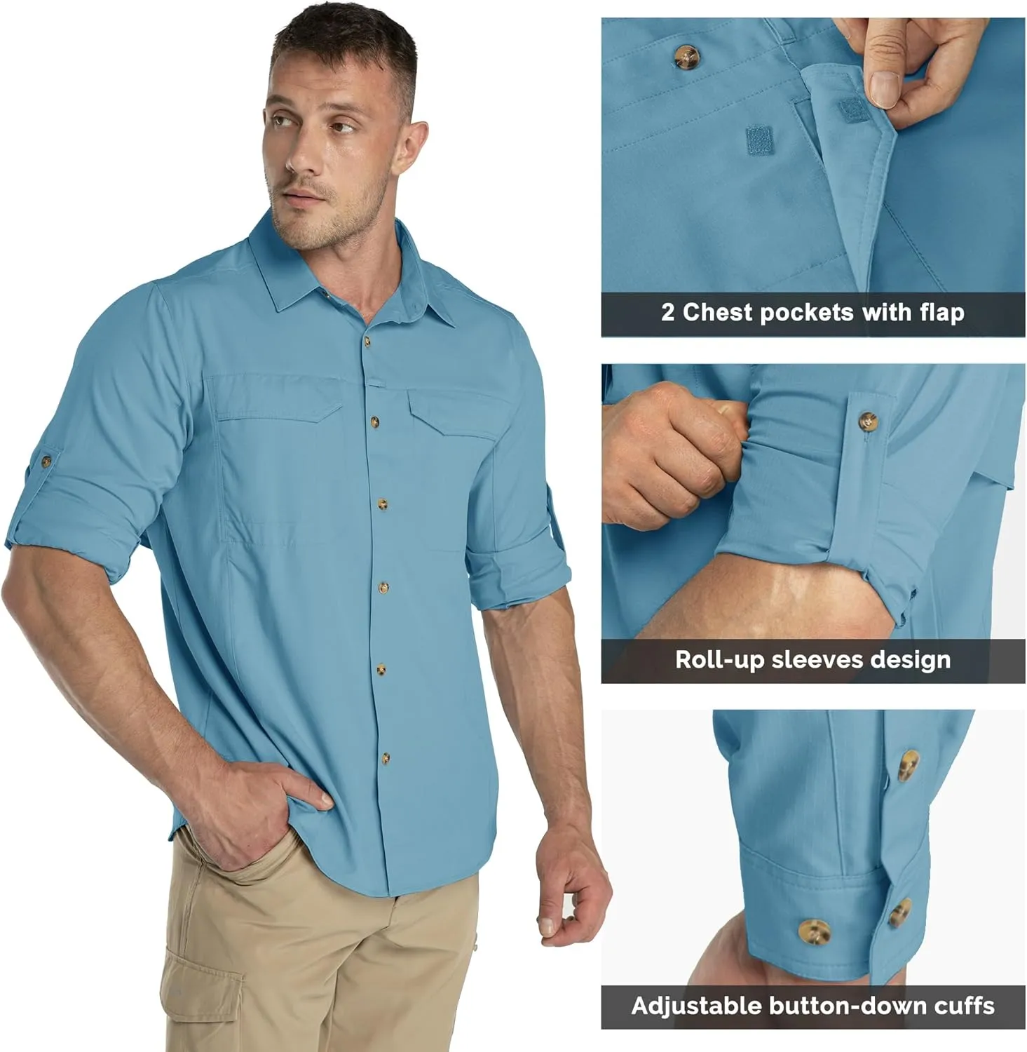 33,000ft Men's Long Sleeve Hiking Shirts Lightweight Quick Dry Sun Protection UV UPF 50 Fishing Shirt Outdoor Safari Travel