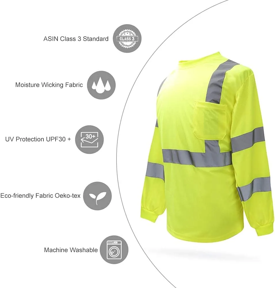A-SAFETY Safety Shirt,High Visibility Work T Shirt Long Short Sleeve Class 3 (XS-6XL)