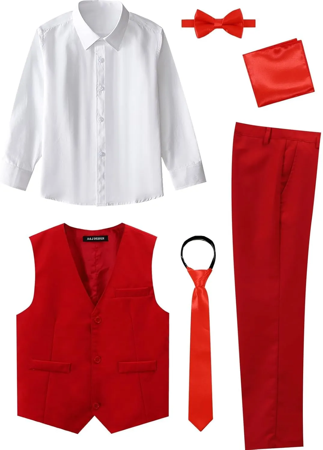 A&J DESIGN Boys 6-Piece Formal Suit Set with Dress Shirts, Vest, Pants, Tie, Bowtie and Pocket Square