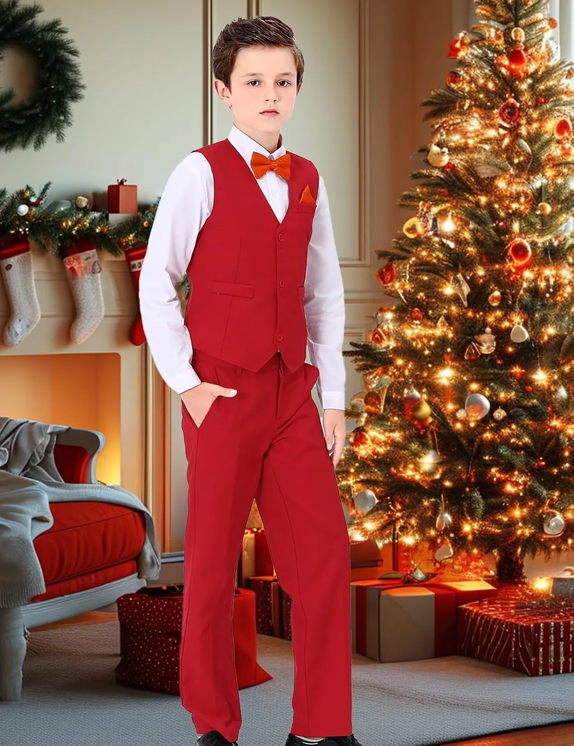 A&J DESIGN Boys 6-Piece Formal Suit Set with Dress Shirts, Vest, Pants, Tie, Bowtie and Pocket Square