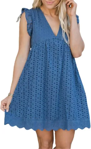 AELSON Women's Sexy Summer V Neck Dress with Short Loose Ruffle Sleeve California Romper Dress