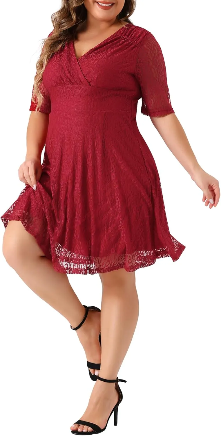 Agnes Orinda Plus Size Lace Dress for Women V Neck Swing A-Line Cocktail Party Wedding Guest 2024 Midi Dresses