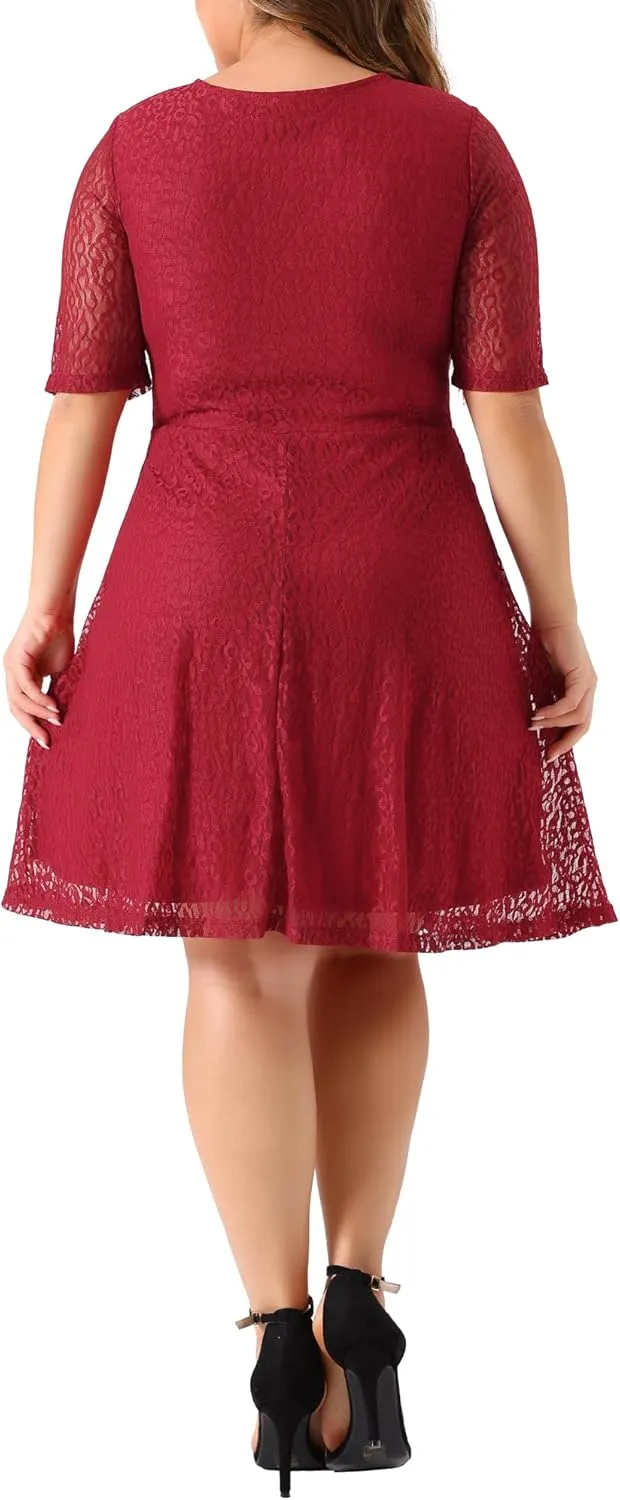 Agnes Orinda Plus Size Lace Dress for Women V Neck Swing A-Line Cocktail Party Wedding Guest 2024 Midi Dresses