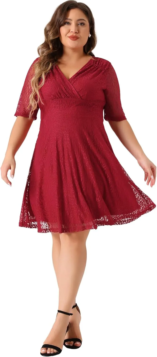 Agnes Orinda Plus Size Lace Dress for Women V Neck Swing A-Line Cocktail Party Wedding Guest 2024 Midi Dresses