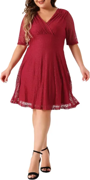 Agnes Orinda Plus Size Lace Dress for Women V Neck Swing A-Line Cocktail Party Wedding Guest 2024 Midi Dresses
