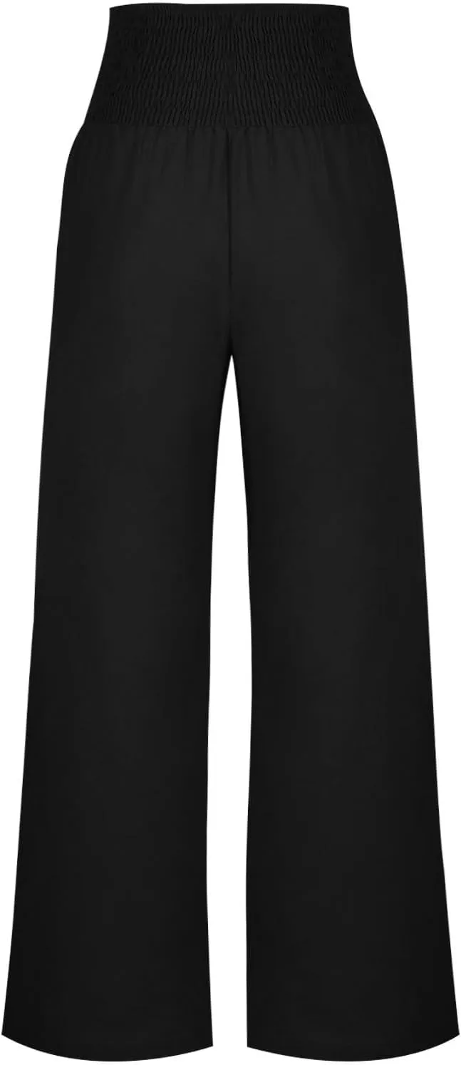 Akklian Cotton Linen Palazzo Pants Women Summer High Waisted Wide Leg Long Lounge Pant Flowy Casual Beach Trouser with Pocket