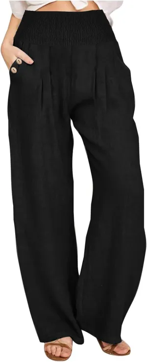 Akklian Cotton Linen Palazzo Pants Women Summer High Waisted Wide Leg Long Lounge Pant Flowy Casual Beach Trouser with Pocket