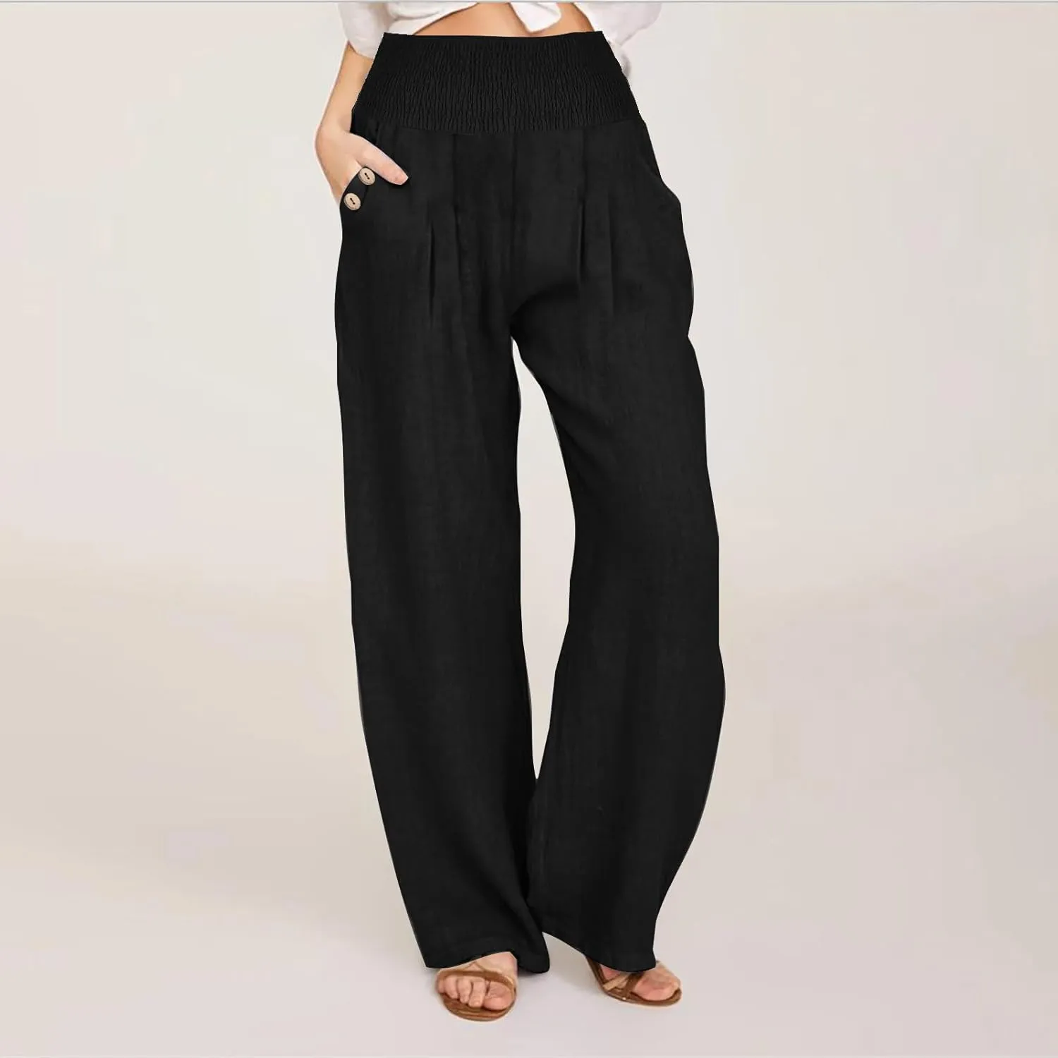 Akklian Cotton Linen Palazzo Pants Women Summer High Waisted Wide Leg Long Lounge Pant Flowy Casual Beach Trouser with Pocket