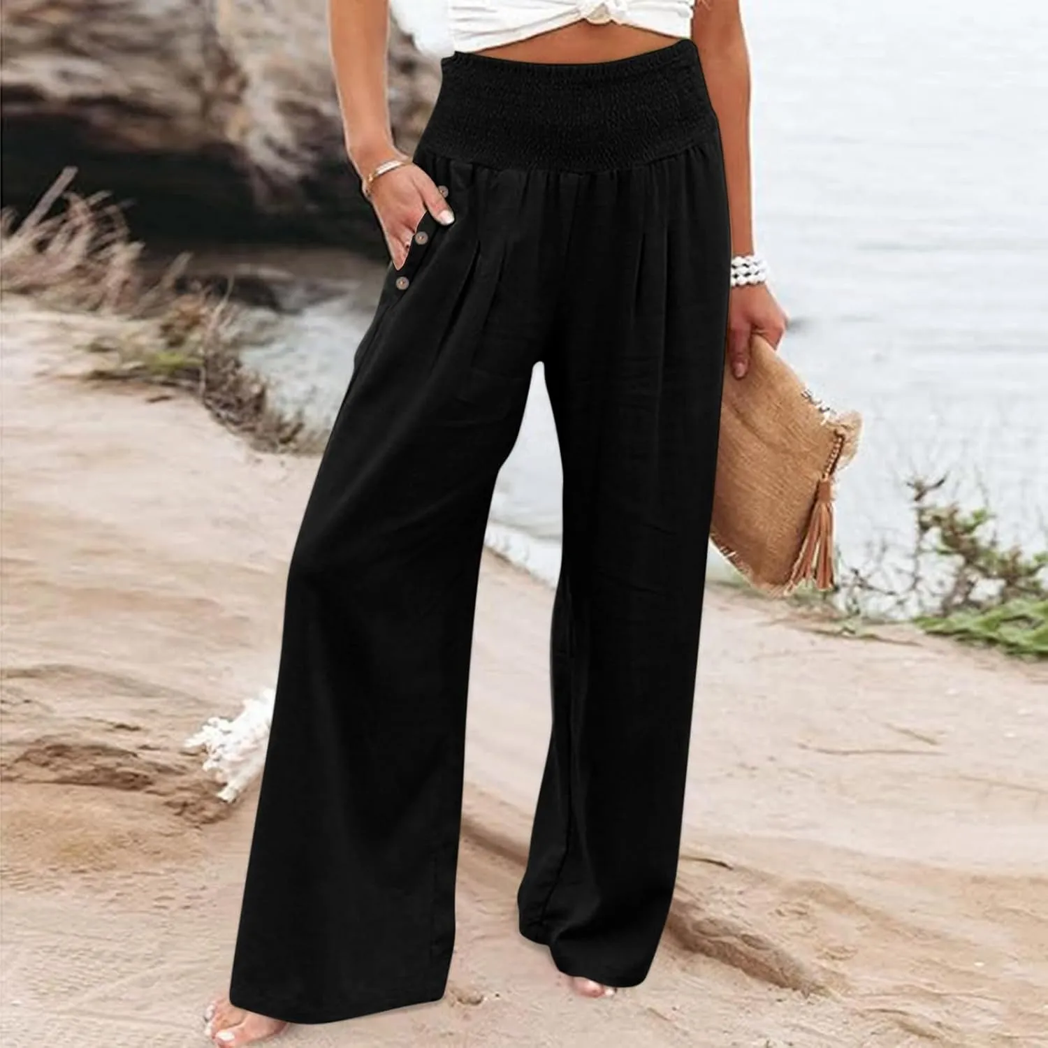 Akklian Cotton Linen Palazzo Pants Women Summer High Waisted Wide Leg Long Lounge Pant Flowy Casual Beach Trouser with Pocket