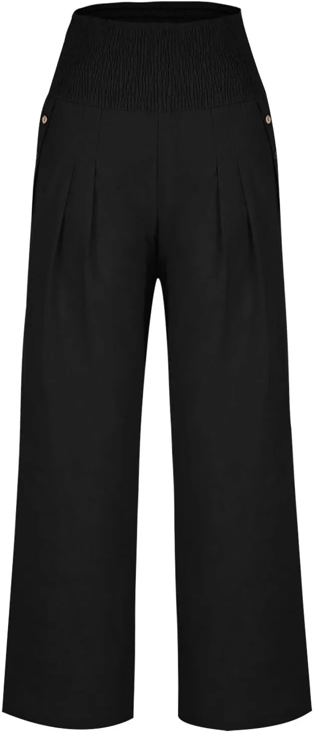 Akklian Cotton Linen Palazzo Pants Women Summer High Waisted Wide Leg Long Lounge Pant Flowy Casual Beach Trouser with Pocket