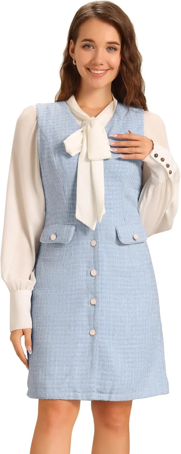 Allegra K Women's Pinafore Dress V Neck Button Down Pockets Vintage Sleeveless Plaid Tweed Dress