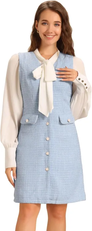 Allegra K Women's Pinafore Dress V Neck Button Down Pockets Vintage Sleeveless Plaid Tweed Dress