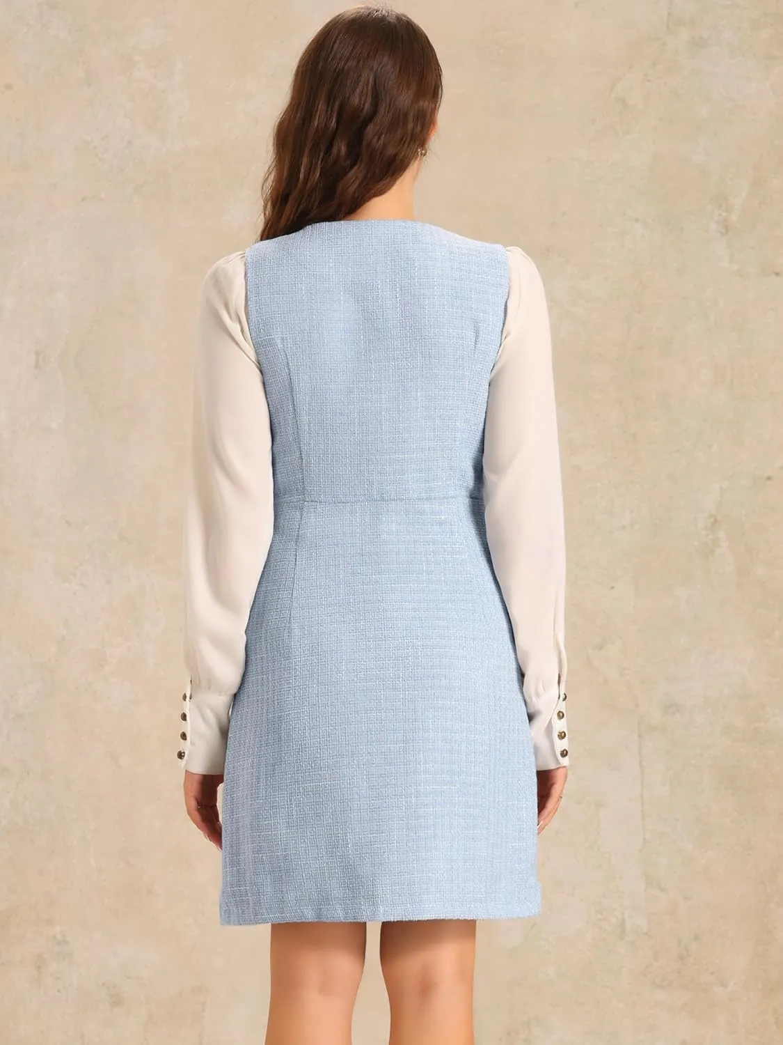 Allegra K Women's Pinafore Dress V Neck Button Down Pockets Vintage Sleeveless Plaid Tweed Dress