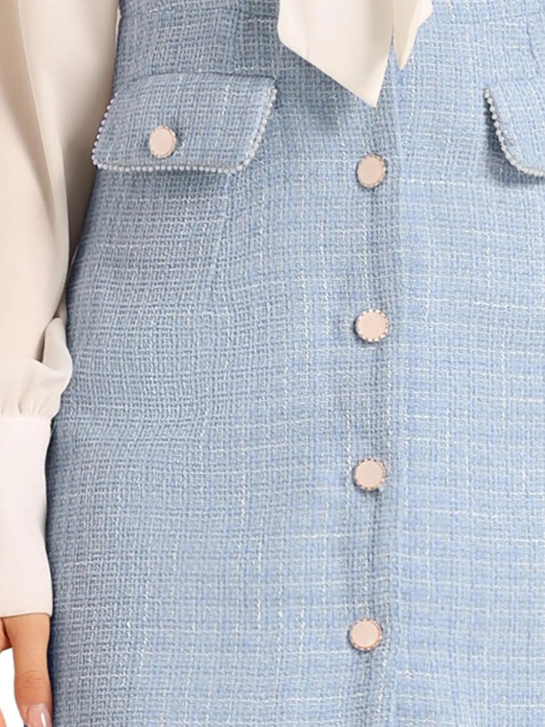 Allegra K Women's Pinafore Dress V Neck Button Down Pockets Vintage Sleeveless Plaid Tweed Dress