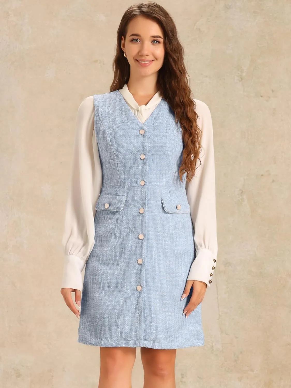 Allegra K Women's Pinafore Dress V Neck Button Down Pockets Vintage Sleeveless Plaid Tweed Dress