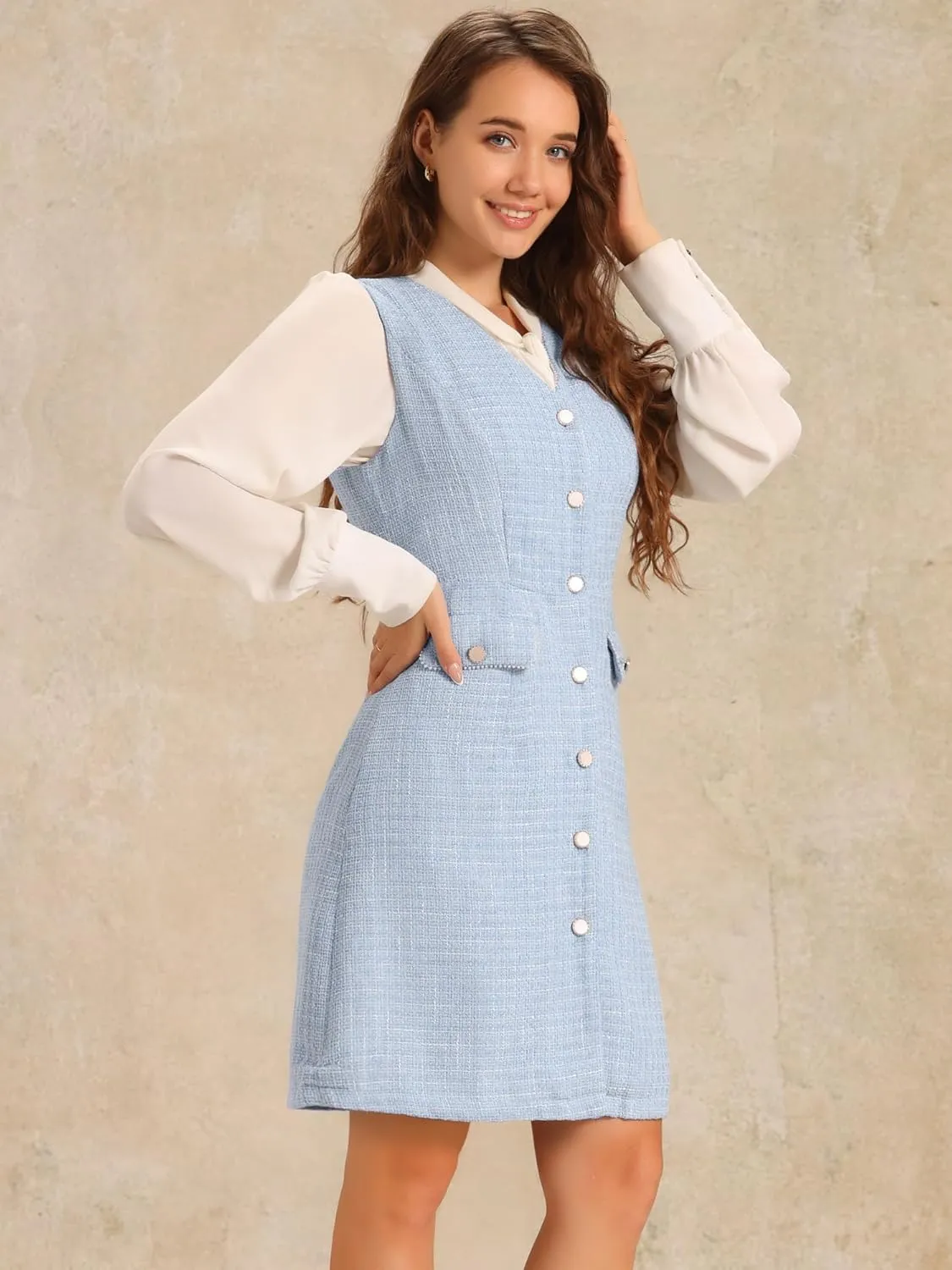 Allegra K Women's Pinafore Dress V Neck Button Down Pockets Vintage Sleeveless Plaid Tweed Dress
