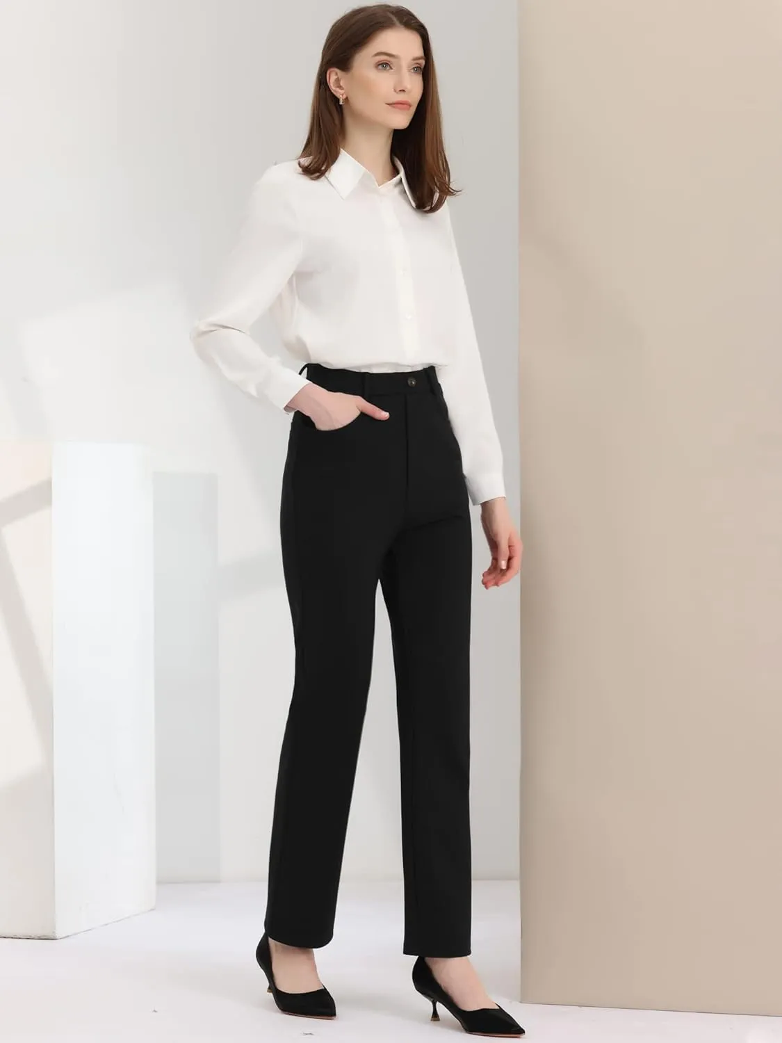 Allegra K Work Pants for Women's High Waist Straight Slacks Yoga Stretch Business Work Trousers