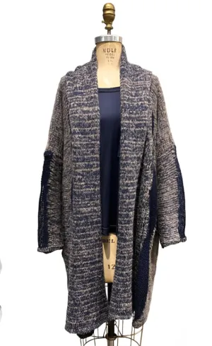 Alpaca kimono style cardigan with mesh detail - Mushroom/Navy
