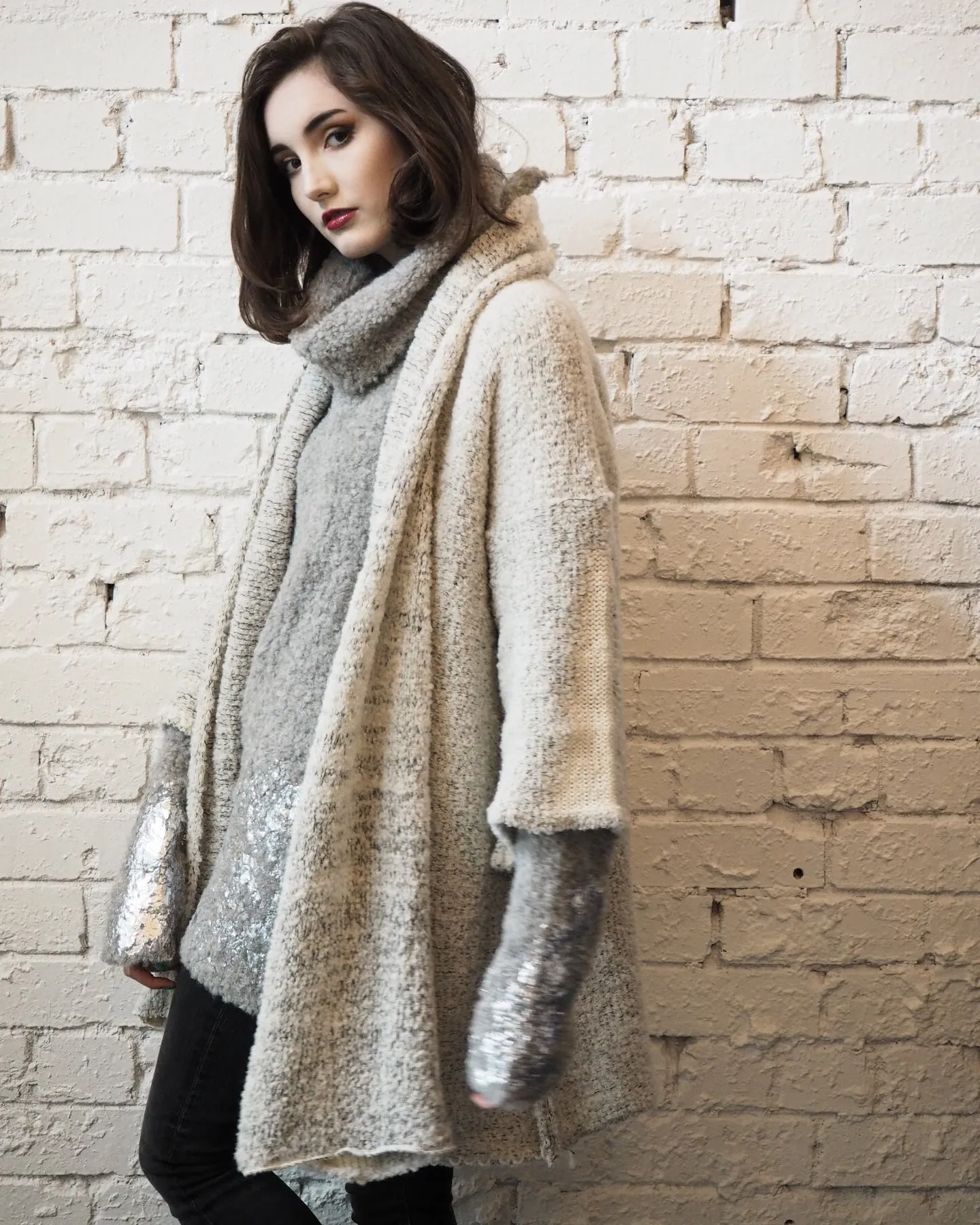Alpaca kimono style cardigan with mesh detail - Snow