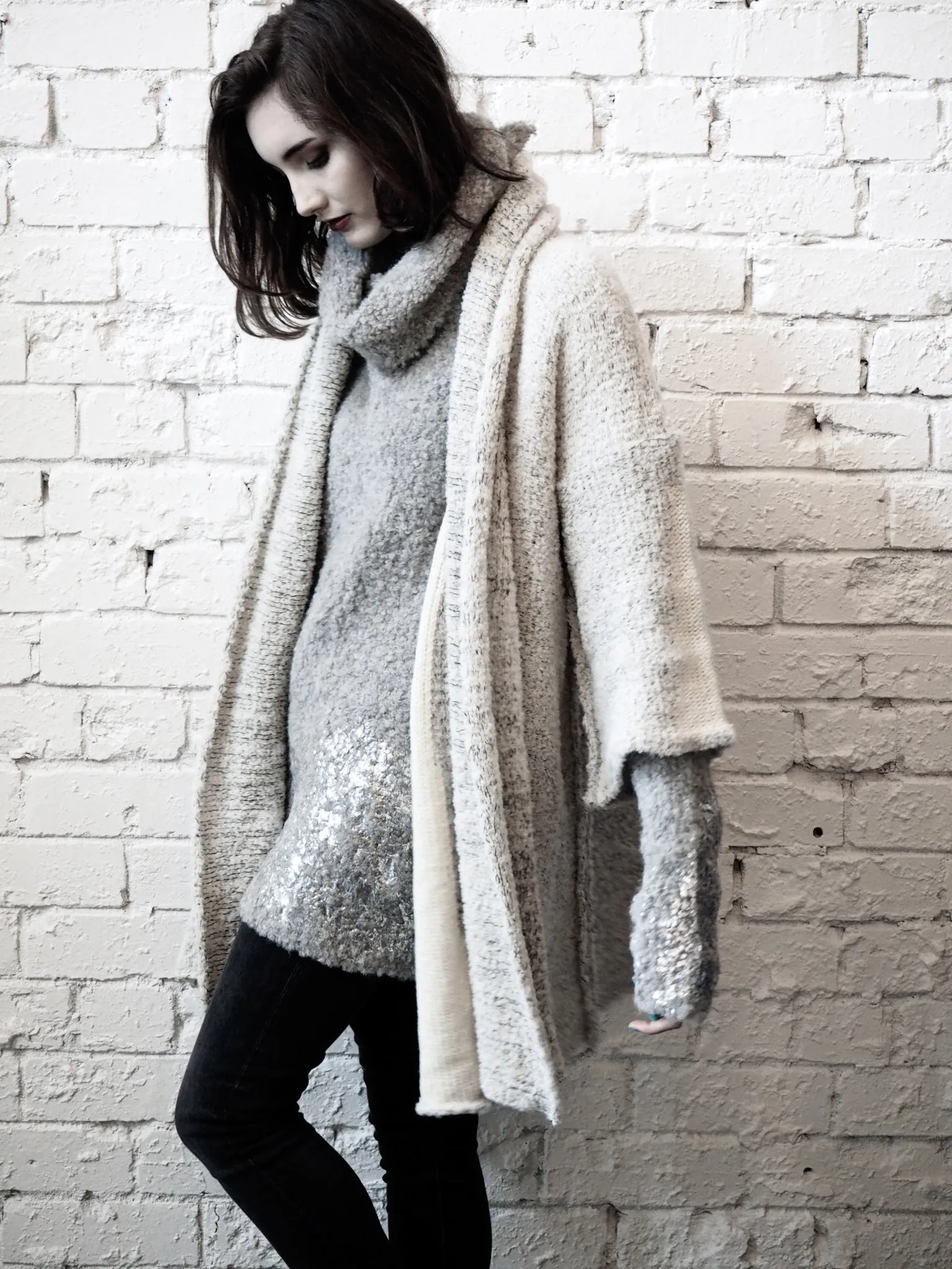 Alpaca kimono style cardigan with mesh detail - Snow