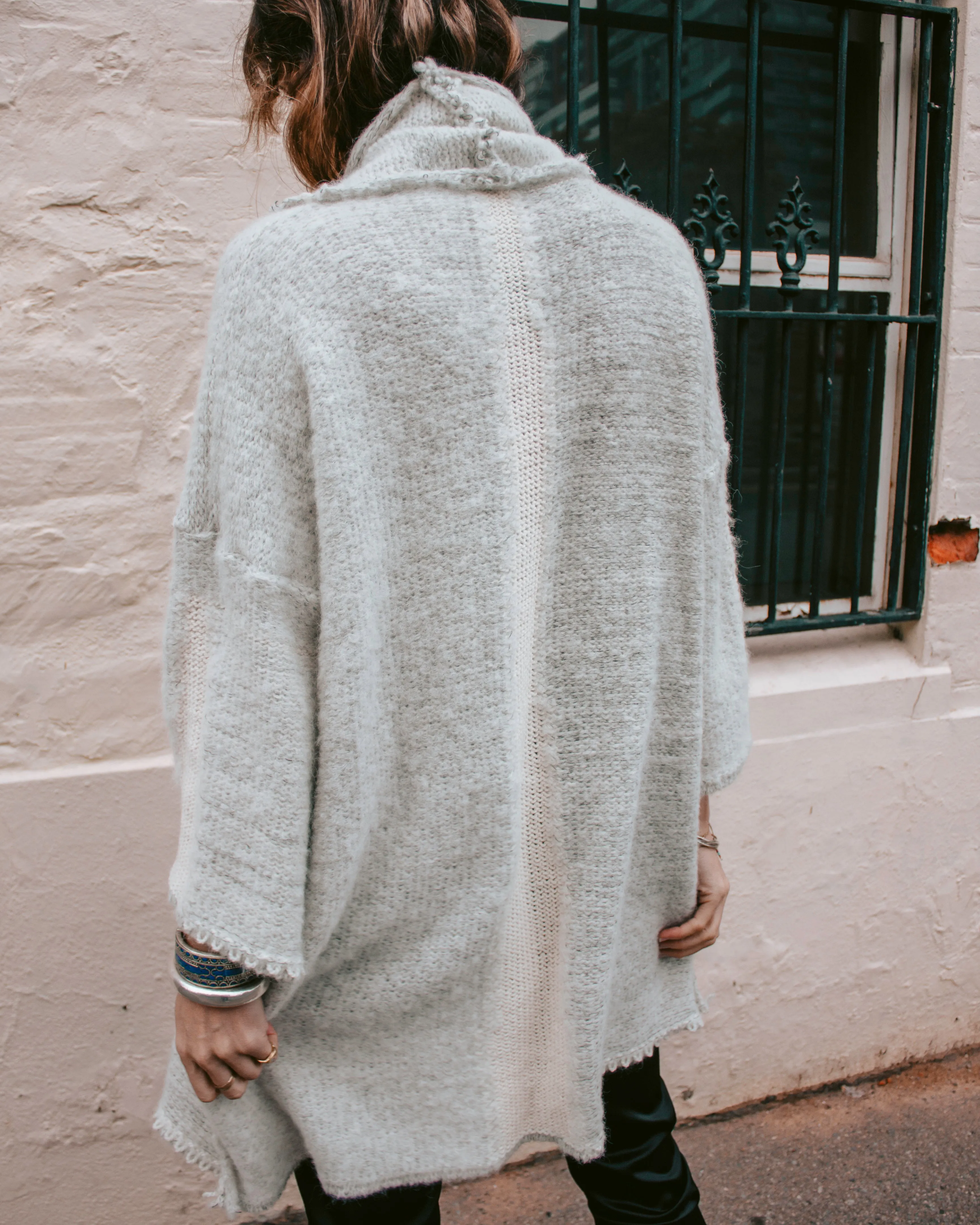 Alpaca kimono style cardigan with mesh detail - Snow