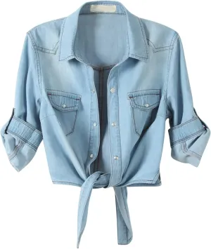 American Trends Women's Denim Shirt 3/4 Sleeve Tie Front Top Knot Chambray Cardigan Button Shirt Jean Crop Top Jacket