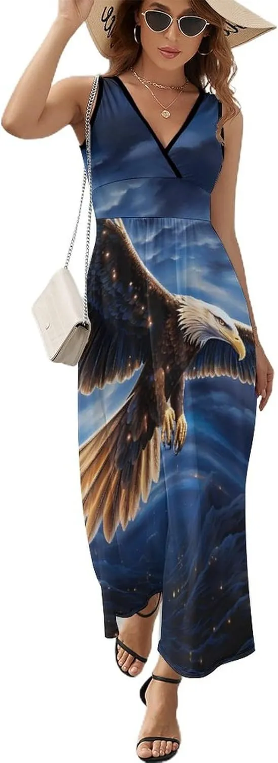 an Bald Ea-gle Enjoy Flying Women's Maxi Dress Casual Sleeveless V Neck Beach Long Sundress