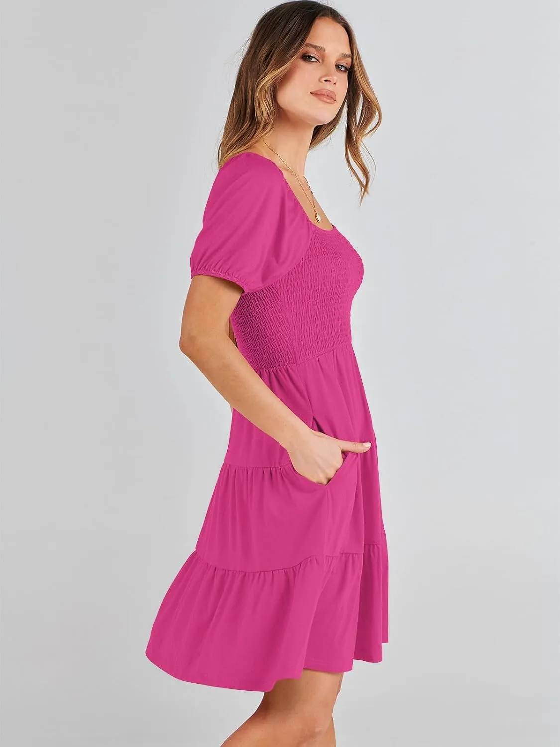 ANRABESS Womens 2025 Summer Casual Dress Square Neck Puff Sleeve Boho Beach Vacation Short Dress