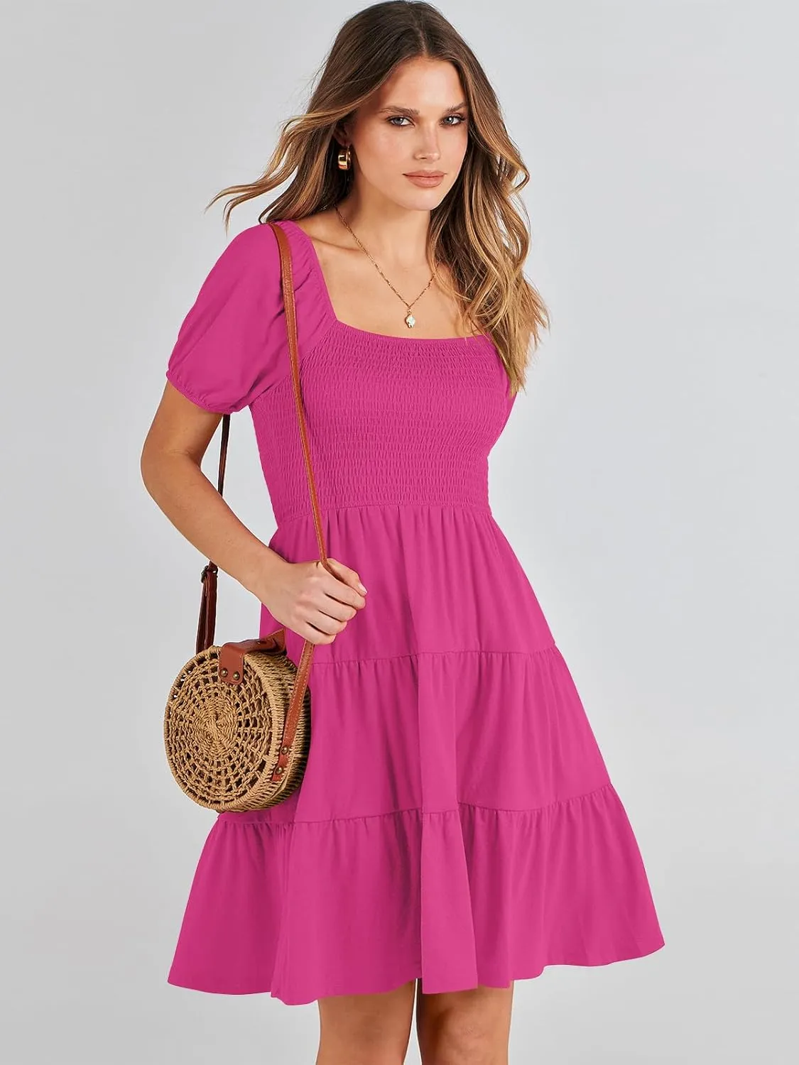 ANRABESS Womens 2025 Summer Casual Dress Square Neck Puff Sleeve Boho Beach Vacation Short Dress