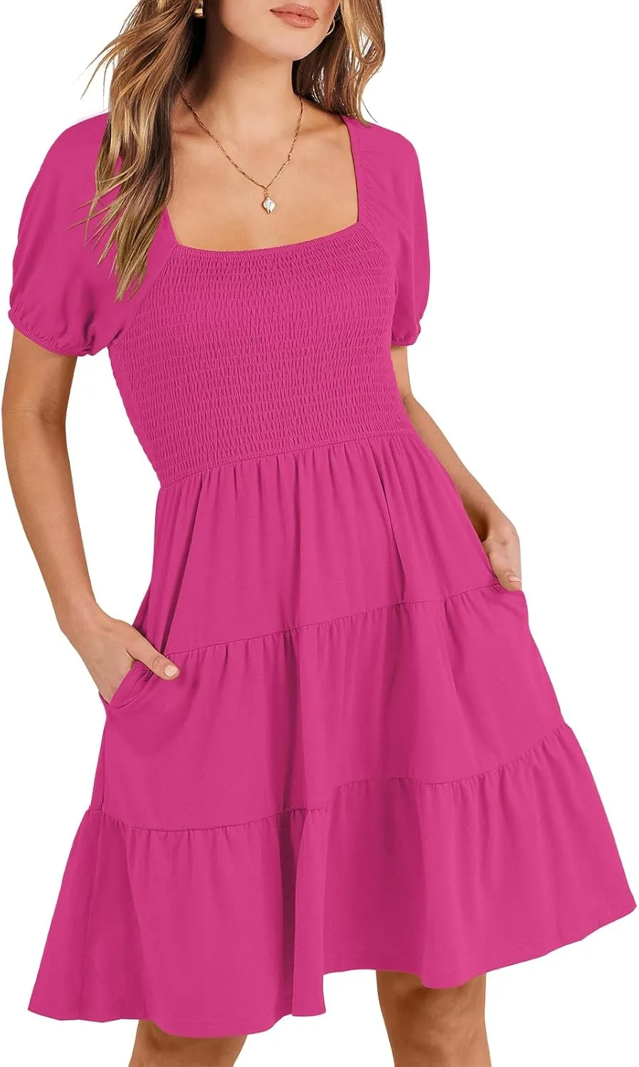 ANRABESS Womens 2025 Summer Casual Dress Square Neck Puff Sleeve Boho Beach Vacation Short Dress