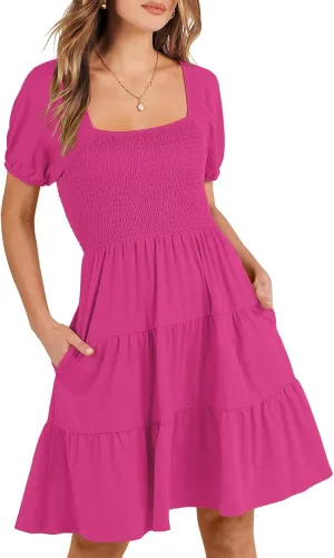 ANRABESS Womens 2025 Summer Casual Dress Square Neck Puff Sleeve Boho Beach Vacation Short Dress