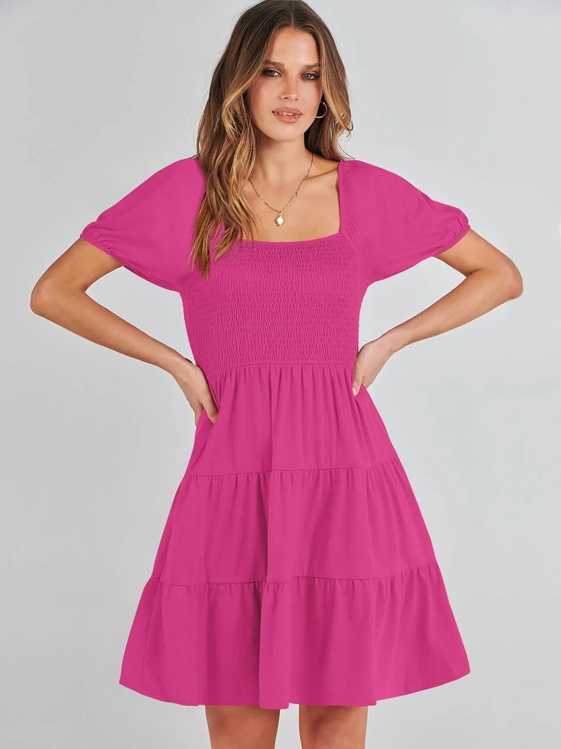 ANRABESS Womens 2025 Summer Casual Dress Square Neck Puff Sleeve Boho Beach Vacation Short Dress