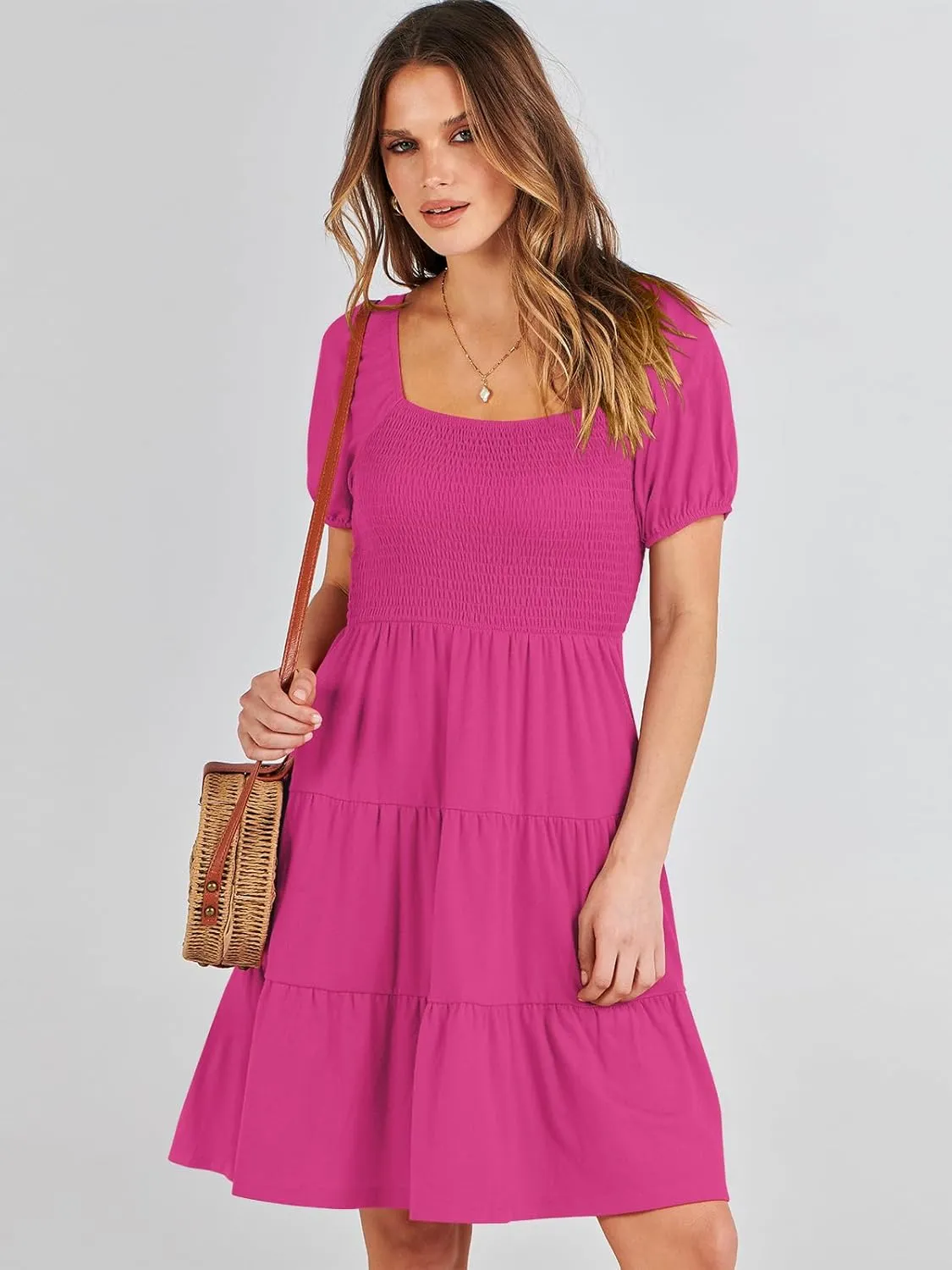 ANRABESS Womens 2025 Summer Casual Dress Square Neck Puff Sleeve Boho Beach Vacation Short Dress