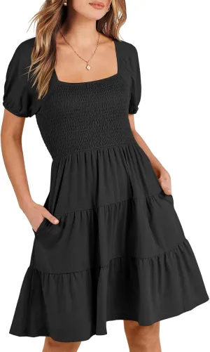 ANRABESS Womens 2025 Summer Casual Dress Square Neck Puff Sleeve Boho Beach Vacation Short Dress