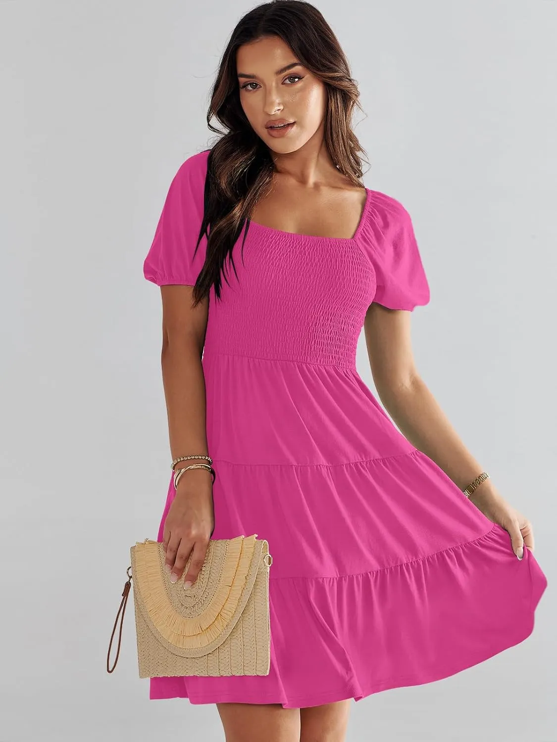 ANRABESS Womens 2025 Summer Casual Dress Square Neck Puff Sleeve Boho Beach Vacation Short Dress