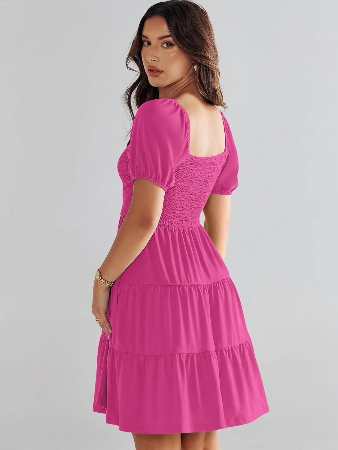 ANRABESS Womens 2025 Summer Casual Dress Square Neck Puff Sleeve Boho Beach Vacation Short Dress
