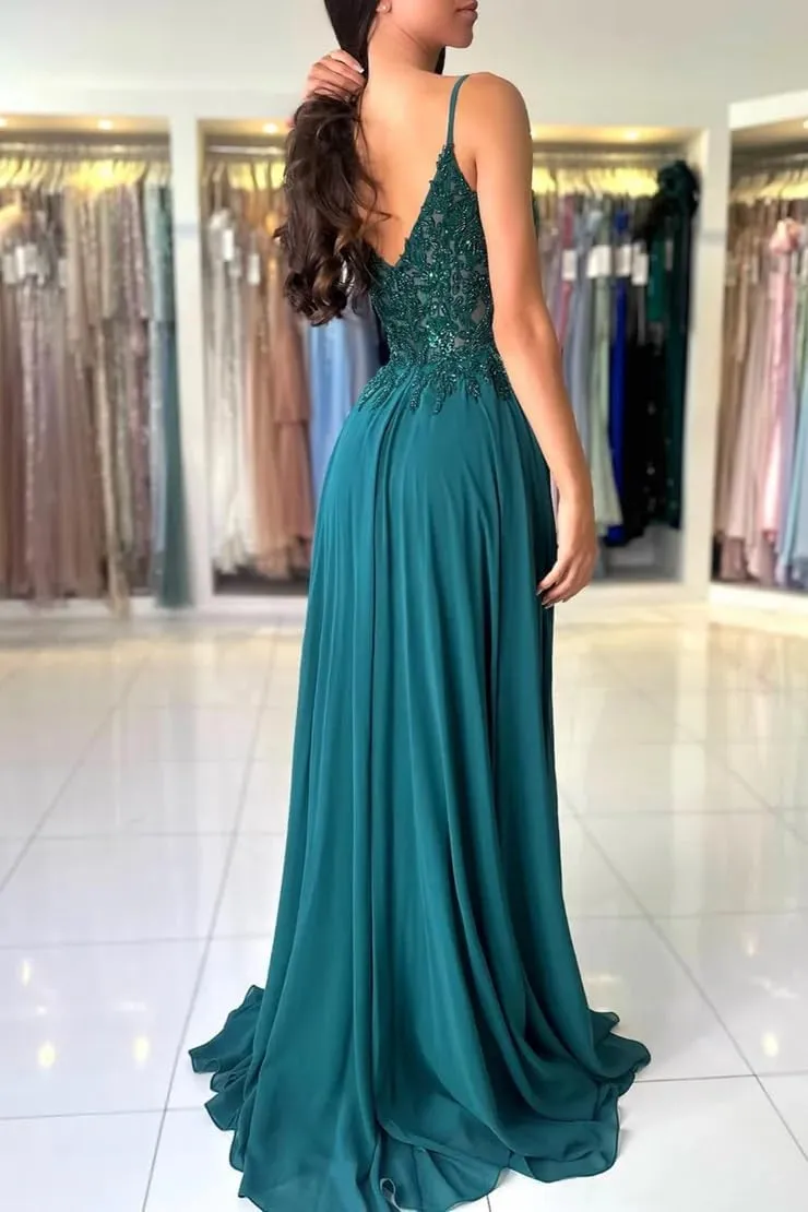 Applique Chiffon Prom Dress 2025 Split Side V Neck Spaghetti Straps A Line Evening Party Gown with Train
