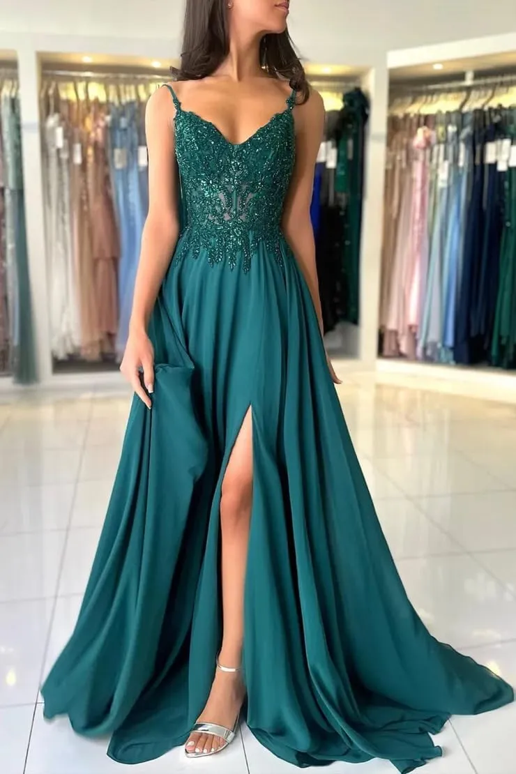 Applique Chiffon Prom Dress 2025 Split Side V Neck Spaghetti Straps A Line Evening Party Gown with Train